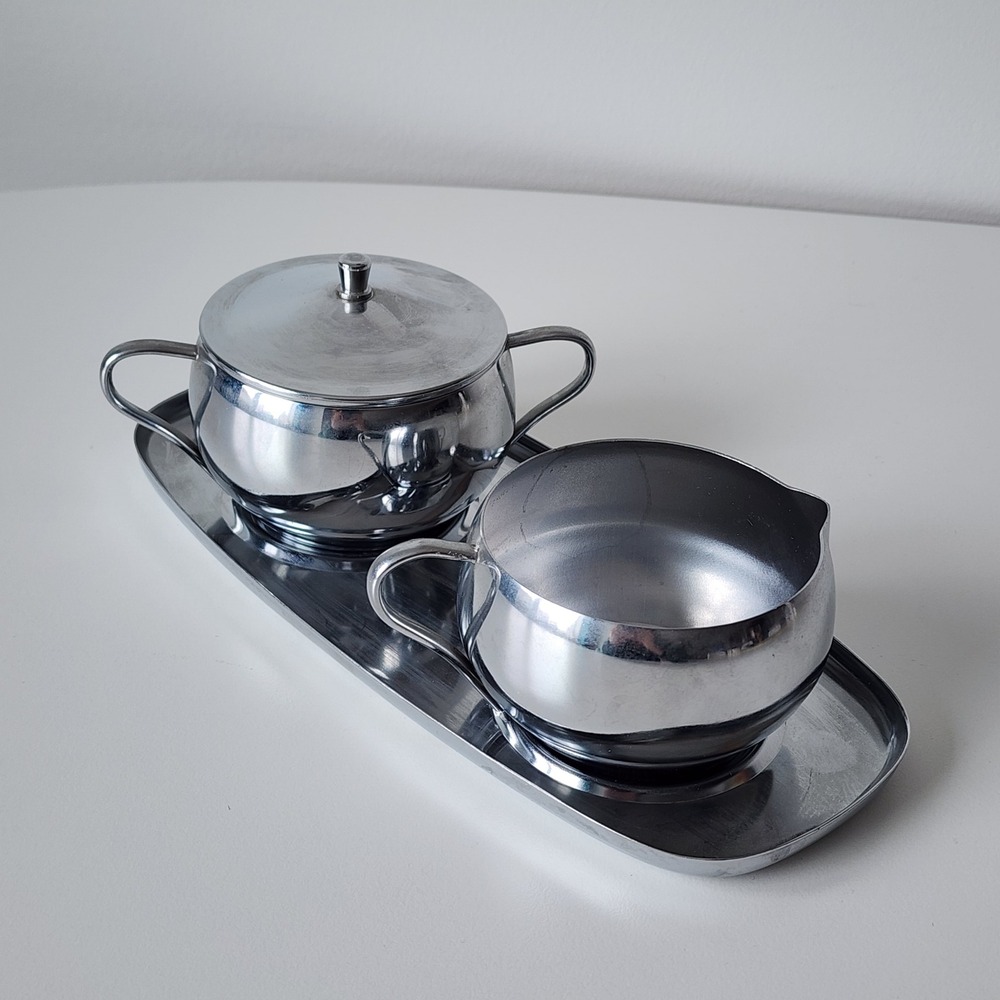 MCM Creamer Sugar Bowl Tray Set Stainless Steel Japan Mid Century Modern Vintage